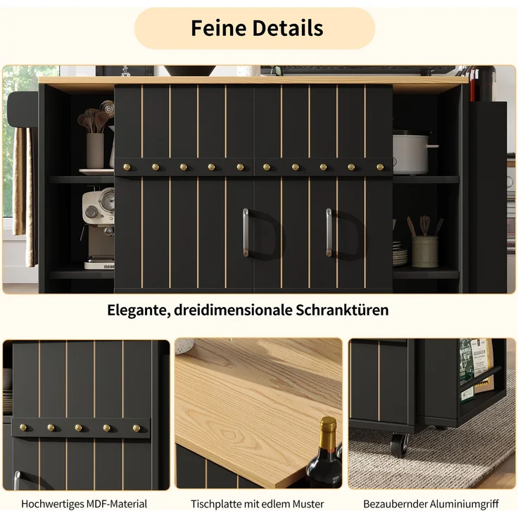 Kücheninsel 110 x 42 x 90 cm mit Schubladen, klappbarer Tischplatte & Schiebetüren – Multifunktionaler Küchenwagen – Bild 7