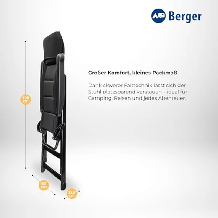BERGER Tesino Campingstuhl klappbar, 7-fach verstellbar & gepolstert, faltbarer Outdoor-Stuhl mit 3D-Mesh, bis 120 kg für Camping & Garten, leicht und robust – Bild 5