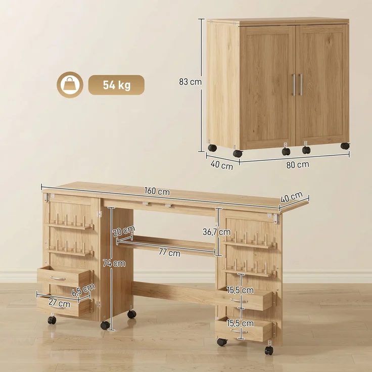 Wohnora-Klappbarer Nähtisch, Nähschrank auf Rollen, 2 Magnettüren, 4 Ablagen, 20 Haken, 160 x 40 x 83 cm, Eiche,H 830cm x T 800cm x B 400cm – Bild 5