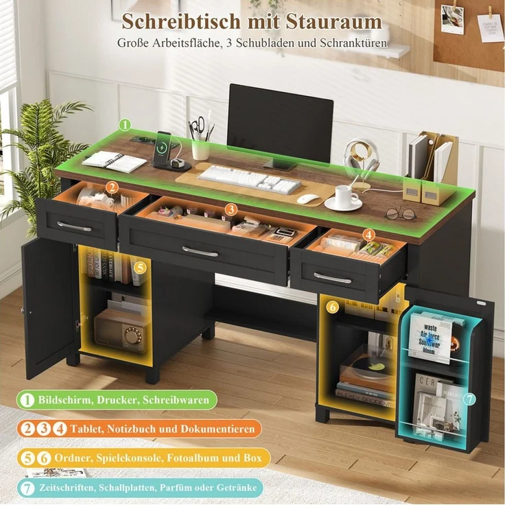 Homfa Schreibtisch mit Steckdose Computertisch mit Schubladen 150 x 48 cm, Schreibtisch mit Stauraum, Schminktisch, 2 AC und 2 USB, schwarz – Bild 2