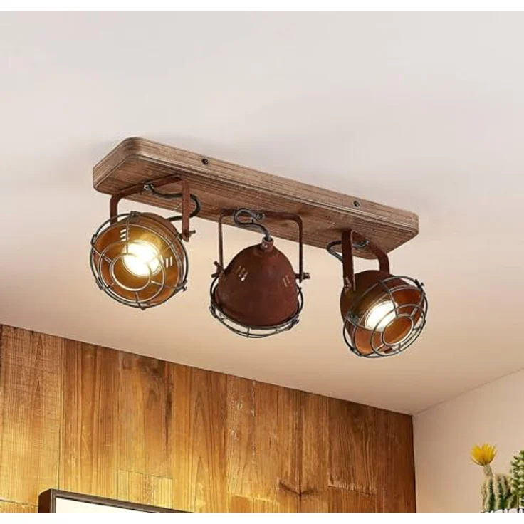 Lindby Farovi Deckenstrahler, Vintage Industriell in Braun aus Holz, 3-flammig GU10 - Deckenlampe für Wohnzimmer und Esszimmer – Bild 2