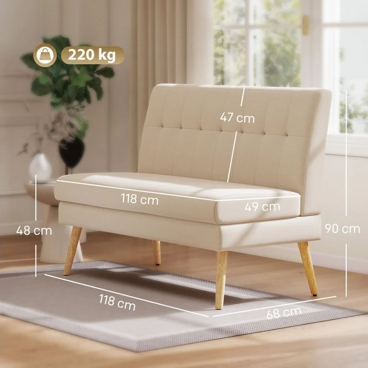 HOMCOM 2-Sitzer mit Massivholzbeine, Leinenoptik, Couch 1 Teile, für Wohnzimmer, Schlafzimmer, Beige – Bild 2
