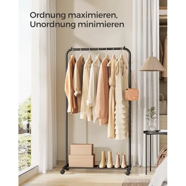 Songmics Kleiderständer, Kleiderstange auf Rollen, Garderobenständer 74 cm breit, Rollgarderobe mit Gitterablage, bis 35 kg belastbar, 2 Rollen arretierbar, Stahlrahmen, schwarz HSR130B01 – Bild 3