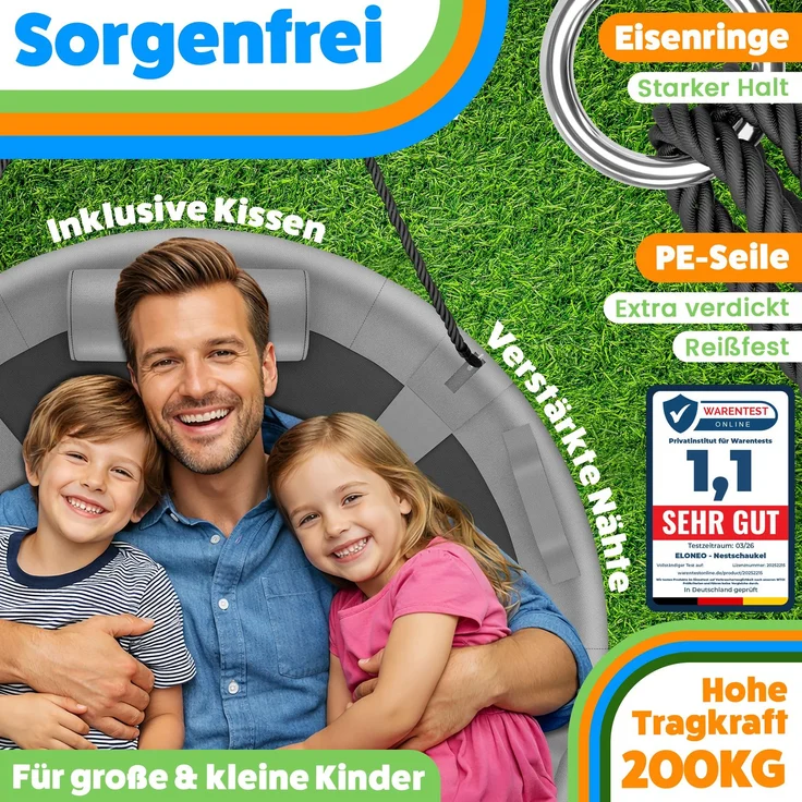 ELONEO Nestschaukel Outdoor & Indoor mit 90 oder 120 cm Durchmesser, Tellerschaukel, höhenverstellbare Hängeschaukel inkl. Kissen, Griffen und Zubehör-Set, Grau - 90cm – Bild 4