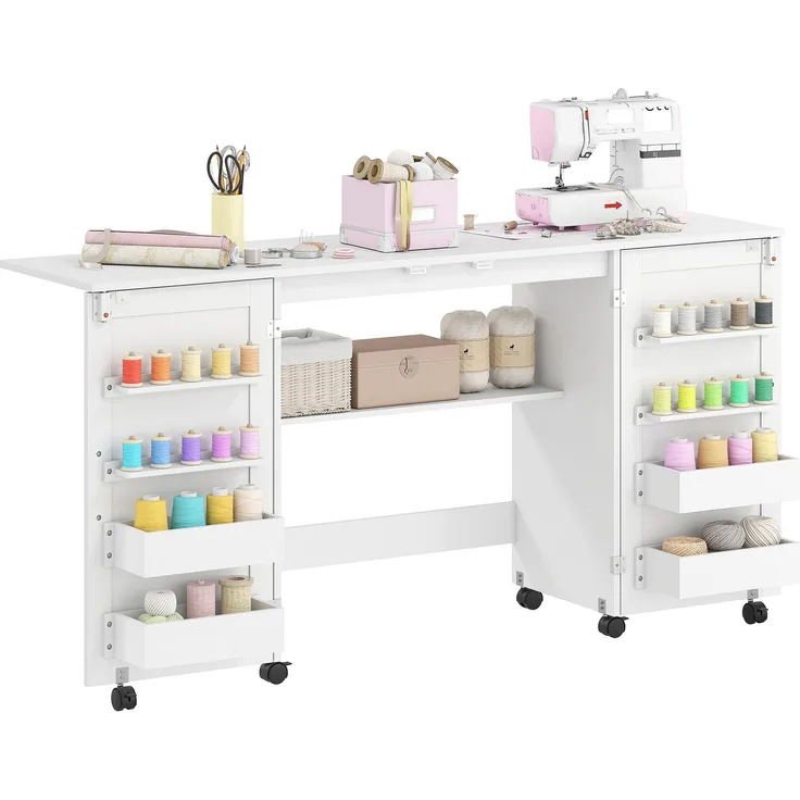 Wohnora-Klappbarer Nähtisch, Nähschrank auf Rollen, 2 Magnettüren, 4 Ablagen, 20 Haken, 160 x 40 x 81,5 cm, weiß,H 815cm x T 1600cm x B 400cm