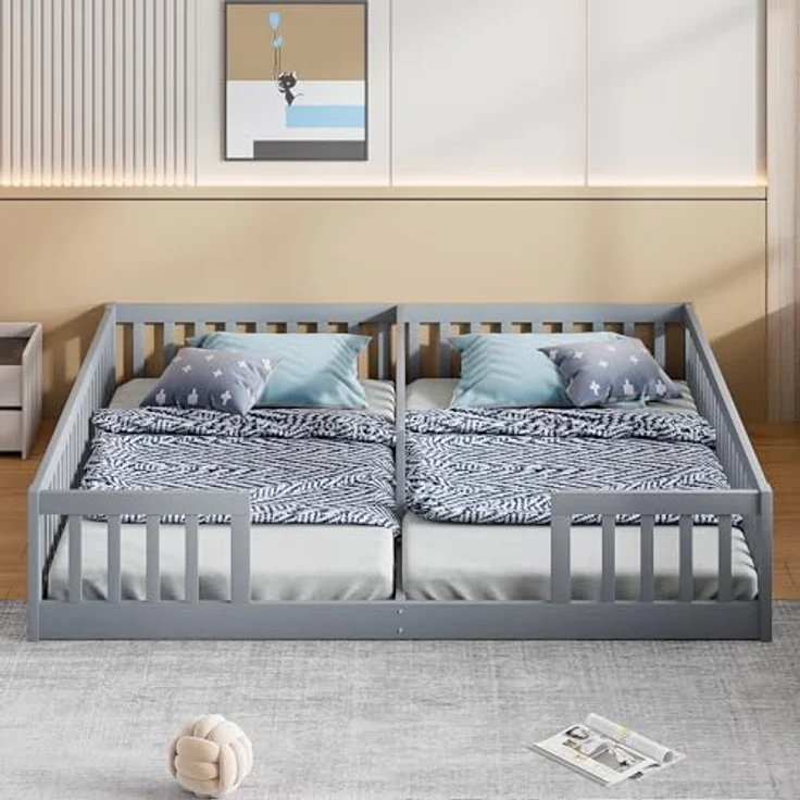 FAVSH Bodenbett 90x200 cm, Doppelbett mit Sicherheitsgitter & Lattenrost Stabiles Jugendbett, Holzbett Jugendbett aus Kiefer für Familien mit 2 Kindern, Kiefernholz, Minimalistischer Stil(Grau – Bild 7