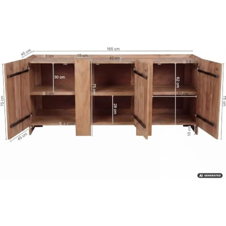 FINEBUY Sideboard FB119495 Anrichte 165cm Wohnzimmer Schrank Esszimmer Groß Modern (Massive Kommode aus Akazienholz mit 3 Türen), Braune Holzkommode mit 6 Fächern Handmade – Bild 3