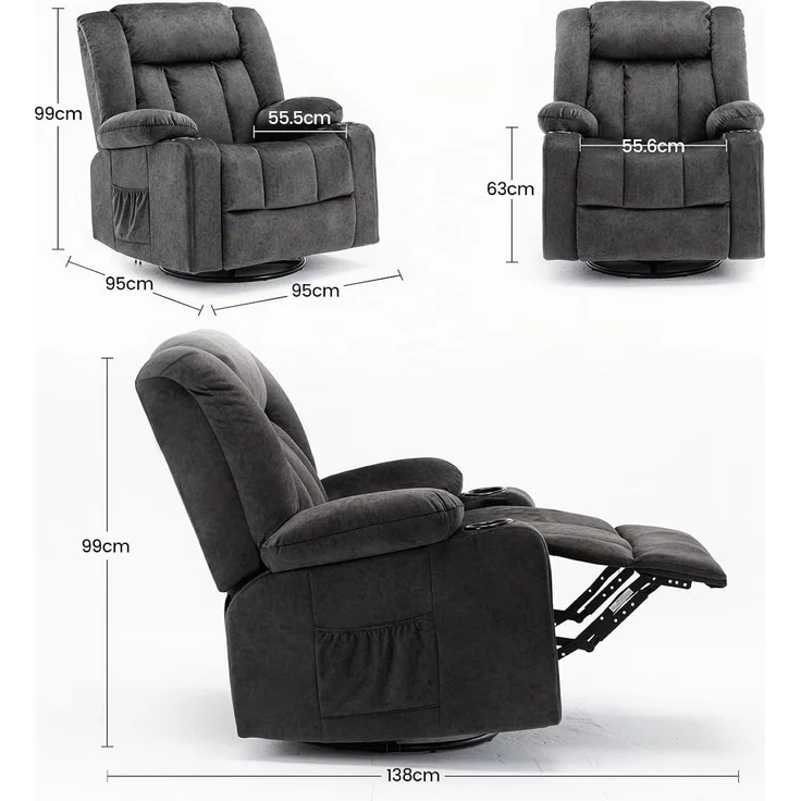 COMHOMA Manueller Drehbarer Relaxsessel für Erwachsene mit Verstellbarer Rückenlehne und Fußstütze, 360° Lounge Sessel für Wohnzimmer, Getränkehalter, Seitentaschen, Weicher Stoff, Ergonomisch, Grau – Bild 2
