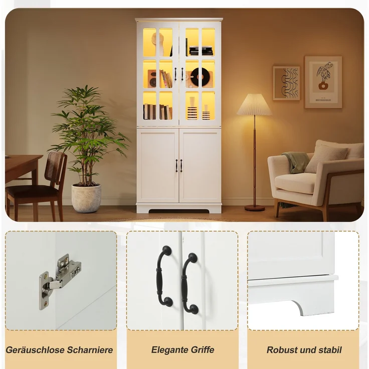 DESVIAE Vitrine mit LED-Beleuchtung und Glastüren 80x180x38 cm Spanplatte Weiß – Bild 4