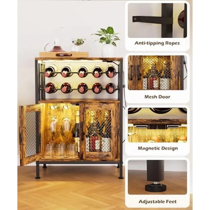 Yorbay Weinschrank Vintage mit LED Beleuchtung, Abnehmbares Weinregal für 10 Flaschen (6 Gläser Halter, Küchenschrank Sideboard 60x24x80cm) Weinständer für Küche & Esszimmer – Bild 5