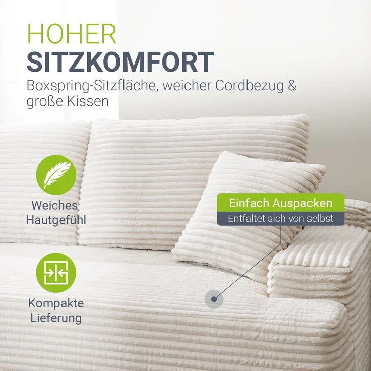 Juskys Sofa Coredo - modernes Cord Sofa mit Ottomane links, gemütliche Couch mit Schaumstoffpolsterung, Cordbezug & Kissen, modular - Beige – Bild 4