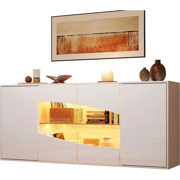 DESVIAE Sideboard Weiß aus MDF – 160x70x35 cm – LED-Beleuchtung, 4 Türen, 6 Staufächer – Bild 5