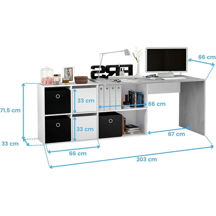 Habitdesign, Schreibtisch – flexibler PC-Tisch in Artik weiß und Zementgrau, rechts, links oder gerade aufstellbar, Maße: 136–203x66–139x74 cm (B x H x T), ideal für Homeoffice, Modell Adapta Plus – Bild 3