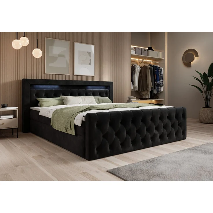 thematys Boxbett LED mit Bettkasten 200x200cm, mit Bonnellfederkernmatratze H3, Bouclé/Velours, mit Stauraum, mit 3 cm Topper, Schwarz (Velutto 20), Art.-Nr. S04JN0YROX3 – Bild 1