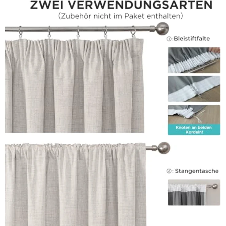 Joydeco 100% Verdunkelungsvorhänge Leinen Gardinen mit Kräuselband 2er Set H183xB117cm Grauweiß, Thermovorhang Kälteschutz Blickdicht Schallschutz Ideal für Wohnzimmer passt zu Schienensystemen – Bild 3
