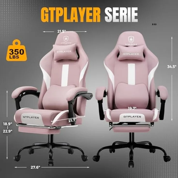 GTPLAYER Gaming-Stuhl Ergonomischer Gaming Sessel Schreibtischstuhl Gamer Stuhl aus Stoff, Federsitzkissen mit Fußstütze – Bild 3