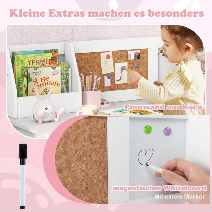 COSTWAY Kinderschreibtisch mit Stuhl Set, Holz, Sitzgruppe mit Bücherregal – Bild 3
