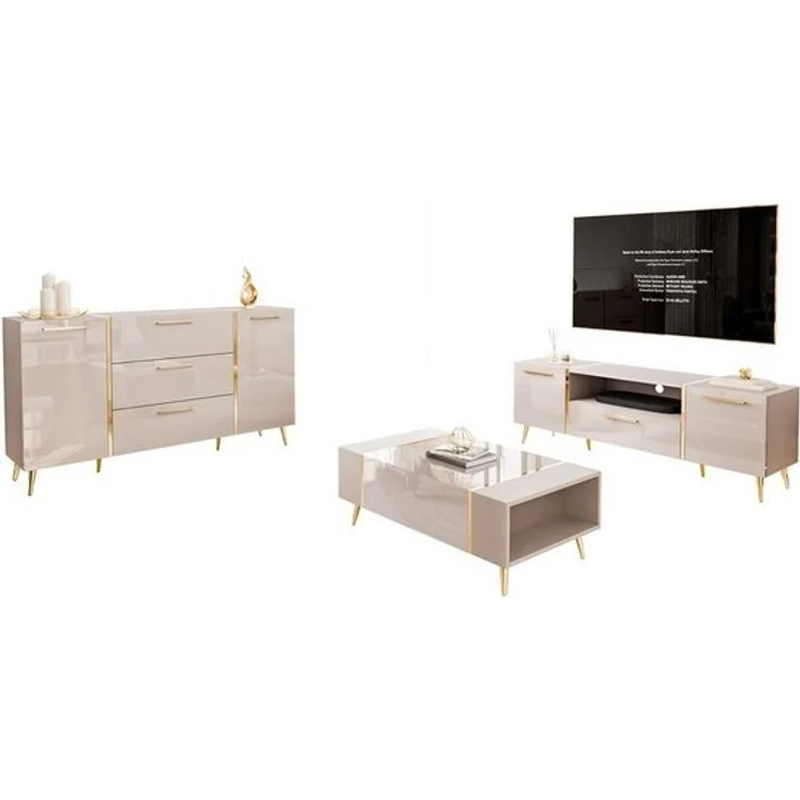 ALLHOUSE24 Wohnzimmer-Set DIAMANT Kaschmir Hochglanz GOLD Metallfüßen Wohnzimmer Möbel SET, Das Set besteht aus: Kommode, TV Schrank, Couchtisch – Bild 4