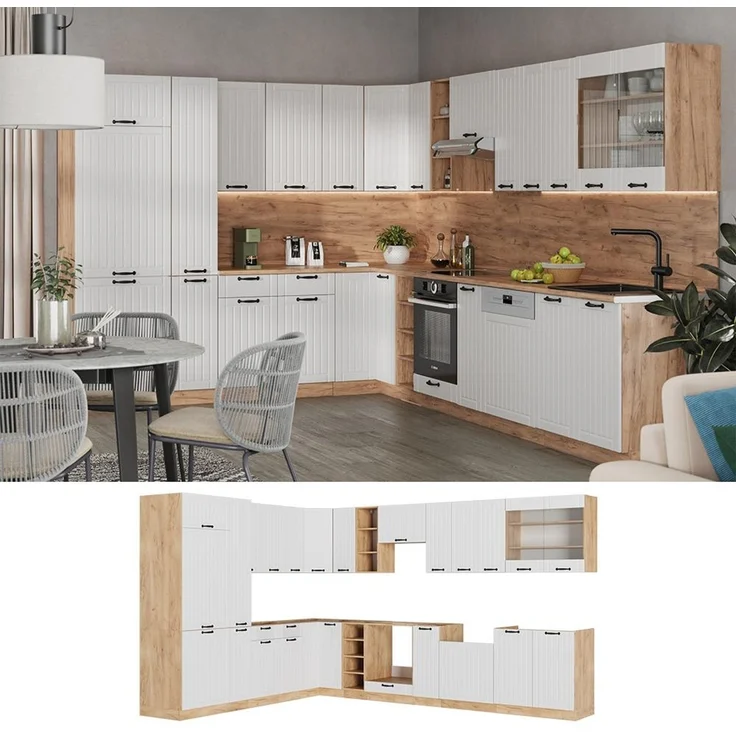 Eckküche Fame-Line Weiß Landhaus/Goldkraft Eiche 347 x 257 cm ohne Arbeitsplatte Vicco – Bild 5