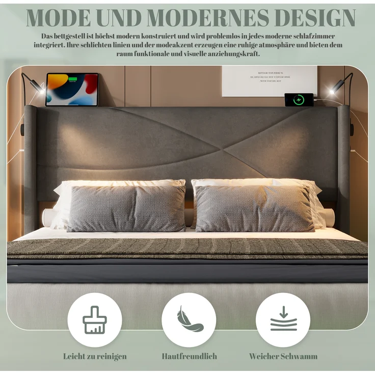 LVHOM Boxbett 160x200cm, Bettgestell mit integrierter Beleuchtung & Stauraum, USB/Typ-C-Ports, XXL-Hydraulik-Storage, platzsparend & Smart-Home-Anschlüssen – Bild 4