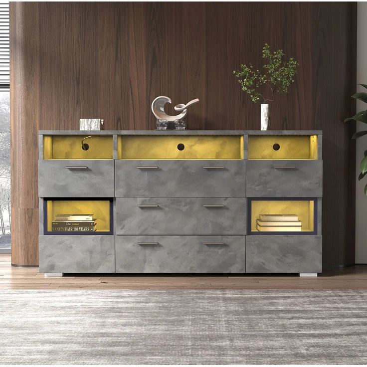 DESVIAE Sideboard mit LED-Beleuchtung, 2 Türen und 3 Schubladen, 140x72,5x33,5 cm, Spanplatte, Grau – Bild 3