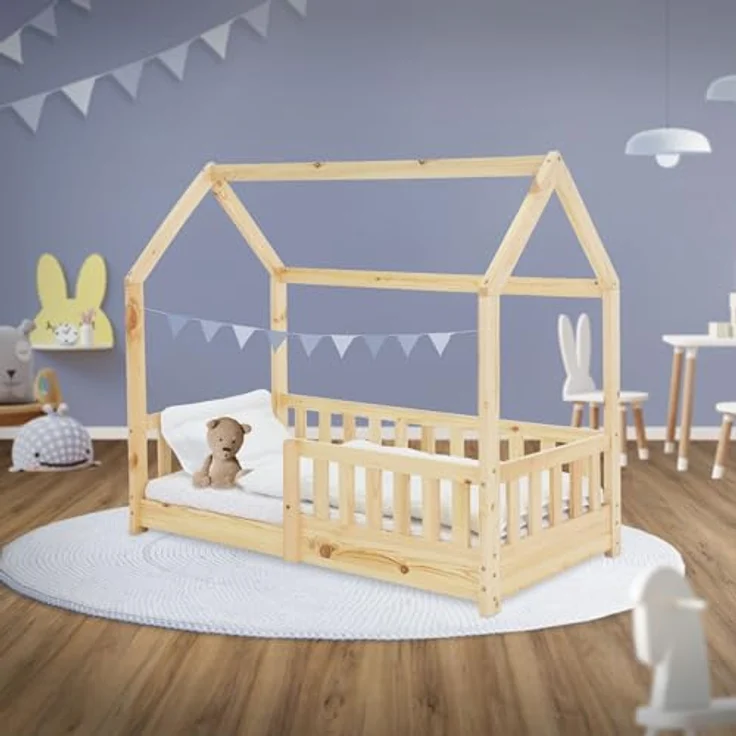 ML-DESIGN Kinderbett Hausbett Spielbett inkl. Lattenrost kreativ Bodenbett für Kinder, Abenteuerbett mit Rausfallschutz Spielbett Kiefer Natur Himmelbett – Bild 8