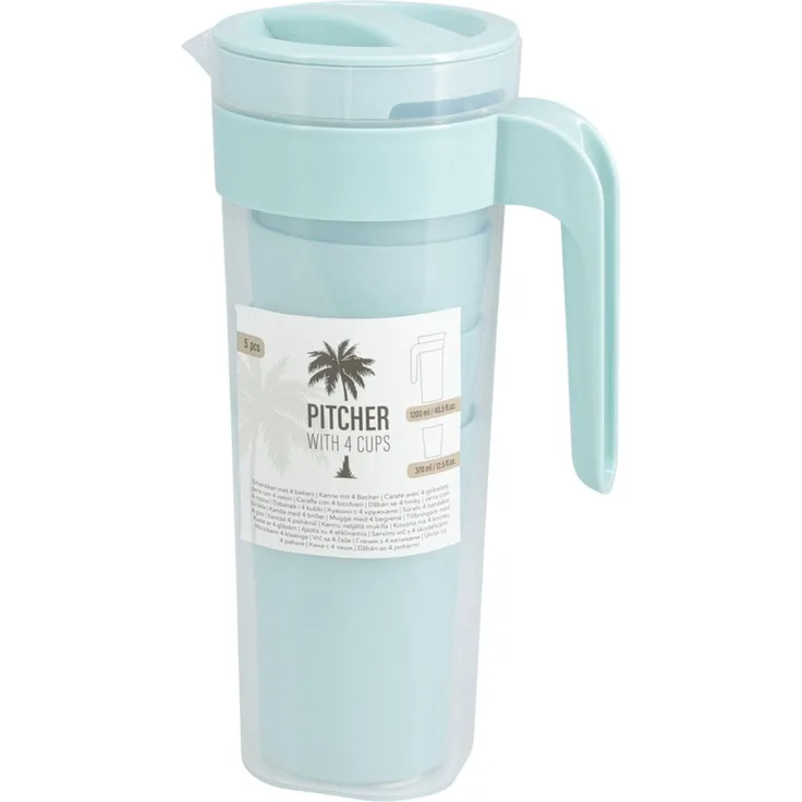 Kunststoff Kanne 1200 ml mit 4 Bechern je 370 ml verschiedene Farben Trinkset 12 Stück