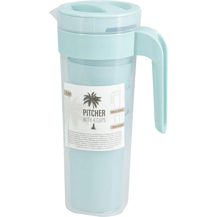 Kunststoff Kanne 1200 ml mit 4 Bechern je 370 ml verschiedene Farben Trinkset 12 Stück – Bild 1