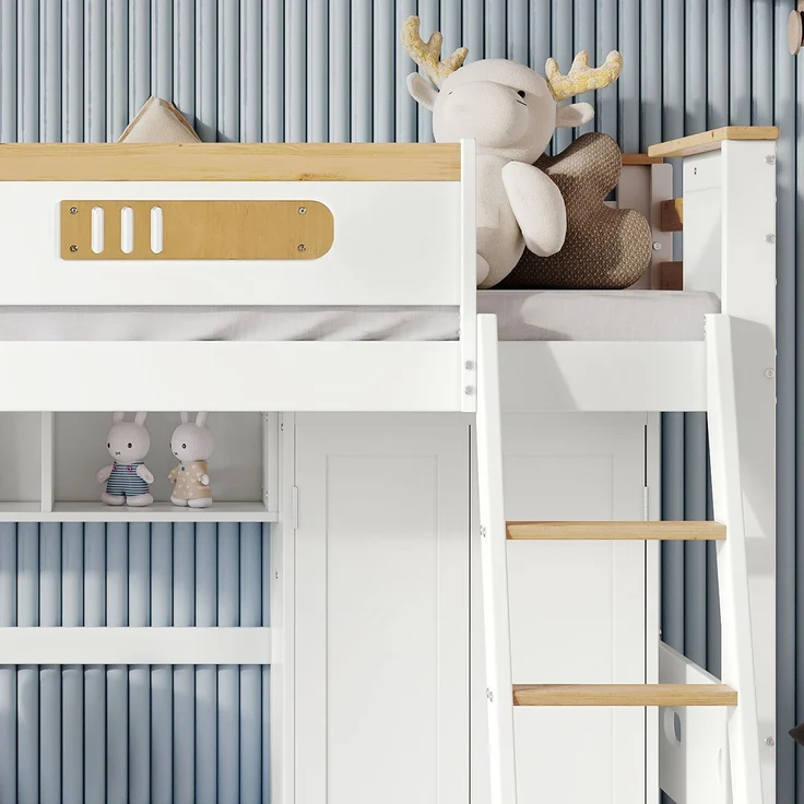 Etagenbett Kinderbett 90x200 mit Fallschutzgitter, Schreibtisch, Kleiderschrank, offene Regale – Bild 5