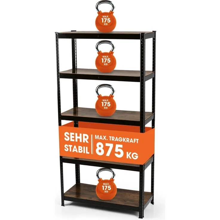 EASYmaxx Schwerlastregal 180 x 90 x 40 cm Holzoptik| 875 kg Traglast, 175 kg pro Ebene | Regal, Werkbank | Kellerregal, Lagerregal mit 5 verstellbaren Ablagen | Für Keller, Garage, Hobbyraum, Werkstatt