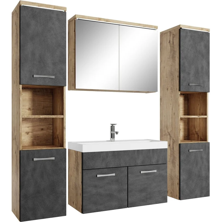 Badplaats Badmöbel Komplettset Paso XL LED 80x40 cm Kastanien Eiche mit Dunkel Grau - Badezimmermöbel mit Waschbecken, Spiegelschrank und 2 Badezimmerschränke – Bild 1
