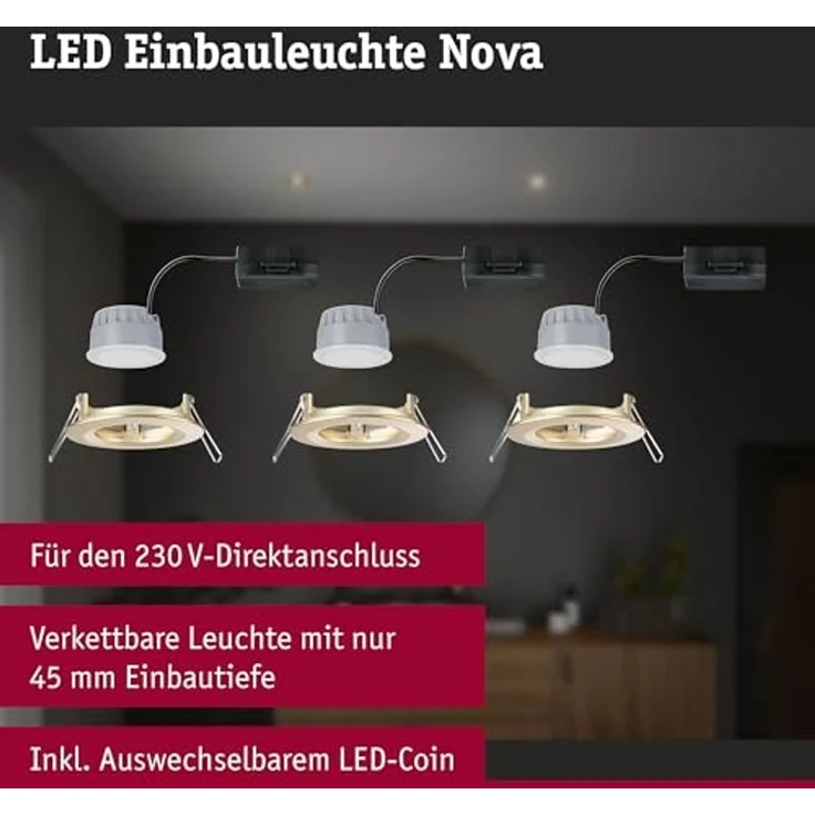 Paulmann 92407 Einbauleuchte LED Nova Coin 3er-Set 74mm gold 3-Step-Dim IP44 – Bild 4