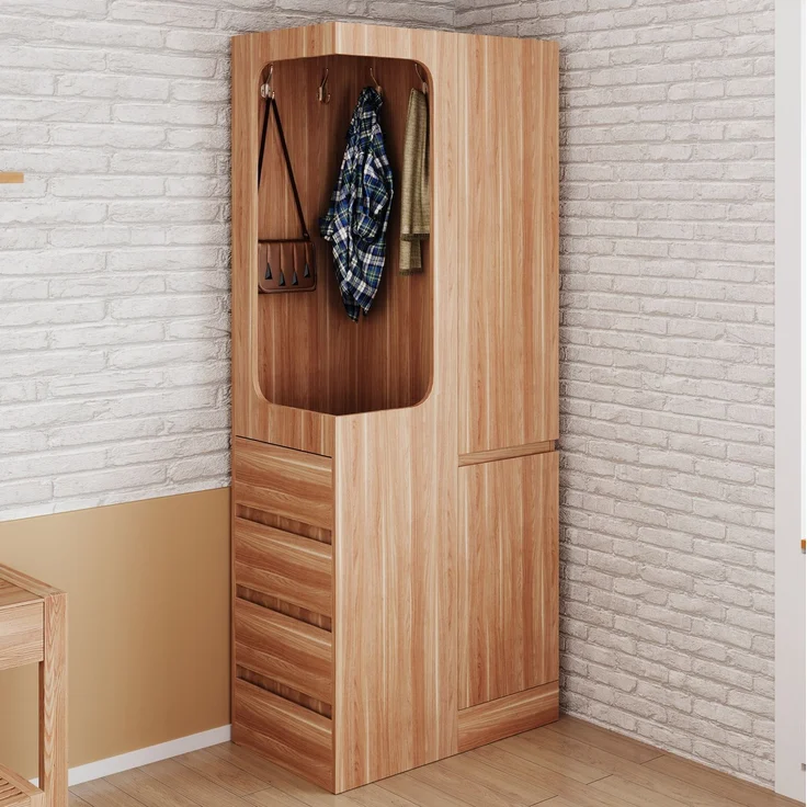CHICFURN Kleiderschrank 70x170x40 cm mit 4 Schubladen und offenem Hängefach – Weiß/Naturholz – Bild 3