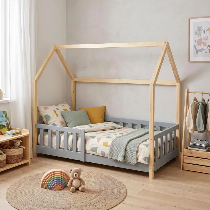 Hausbett Hesel mit Rausfallschutz 80x160 cm Grau/Natur [en. casa] – Bild 1