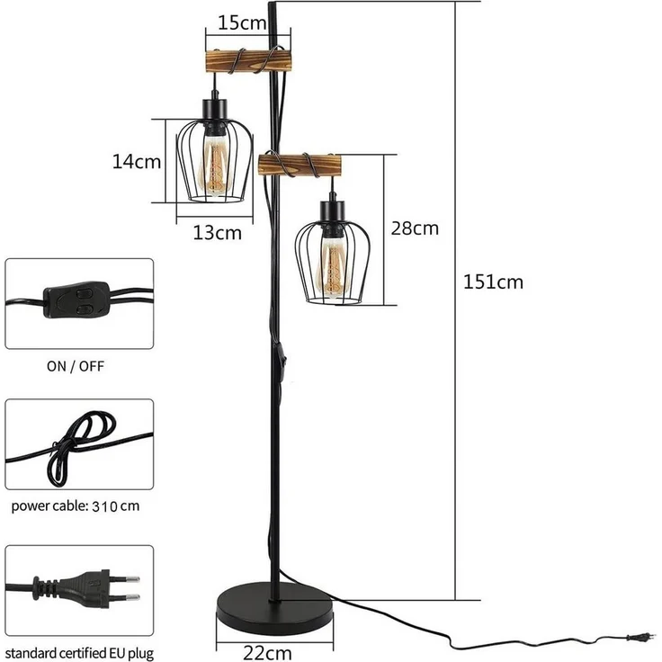 Nettlife Stehlampe Vintage Holz schwarz 151 cm hoch 2-flammiges, LED wechselbar, für Wohnzimmer schlafzimmer Esszimmer Büro – Bild 2