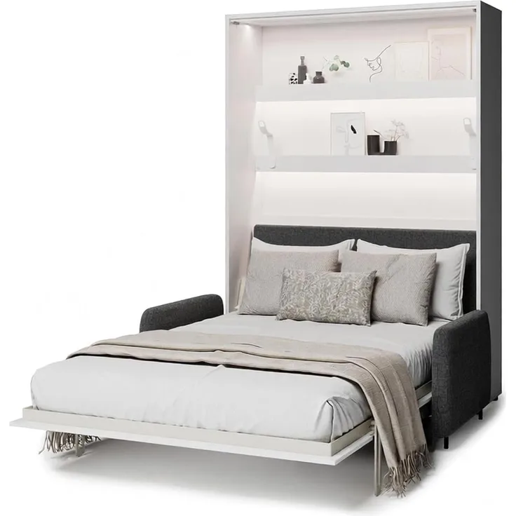 MEBLINI Elektrisches Schrankbett BC-36 - 140x200cm Vertikal - Weiß Matt - Sofa und Kopfteil Dunkelgrau ohne Matratze - Wandbett mit Lattenrost, Sofa und Kopfteil - Wandklappbett