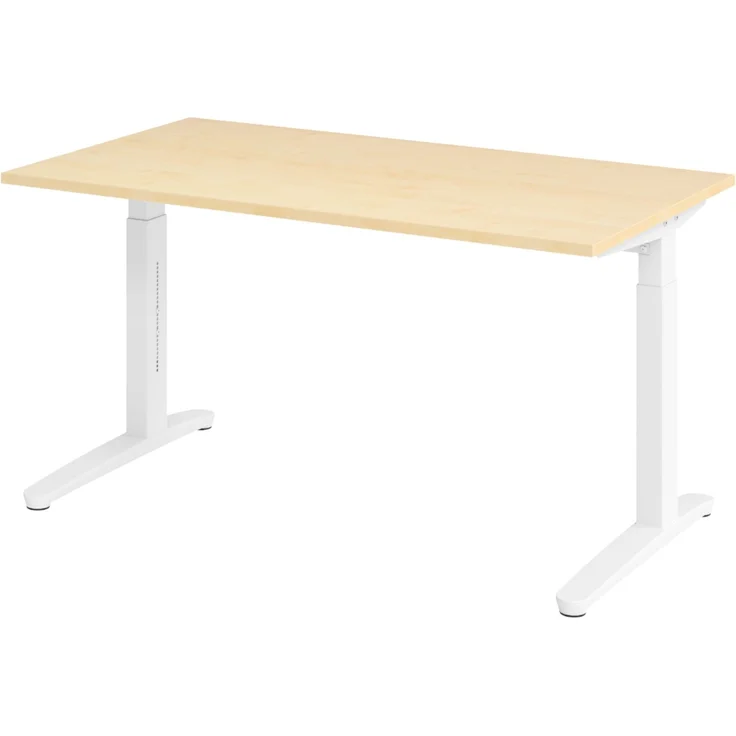 bümö manuell höhenverstellbarer Schreibtisch 140x80 in Ahorn, Gestell in weiß - PC Tisch höhenverstellbar & klein, höhenverstellbarer Tisch Büro, kleiner Computertisch verstellbar, X14-3-WW – Bild 1