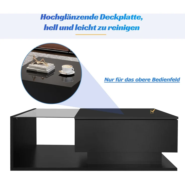 Couchtisch mit Glas, 1 Schublade, LED-Beleuchtung per App steuerbar, 100x50x32 cm, stoßfestes Glas – Bild 8