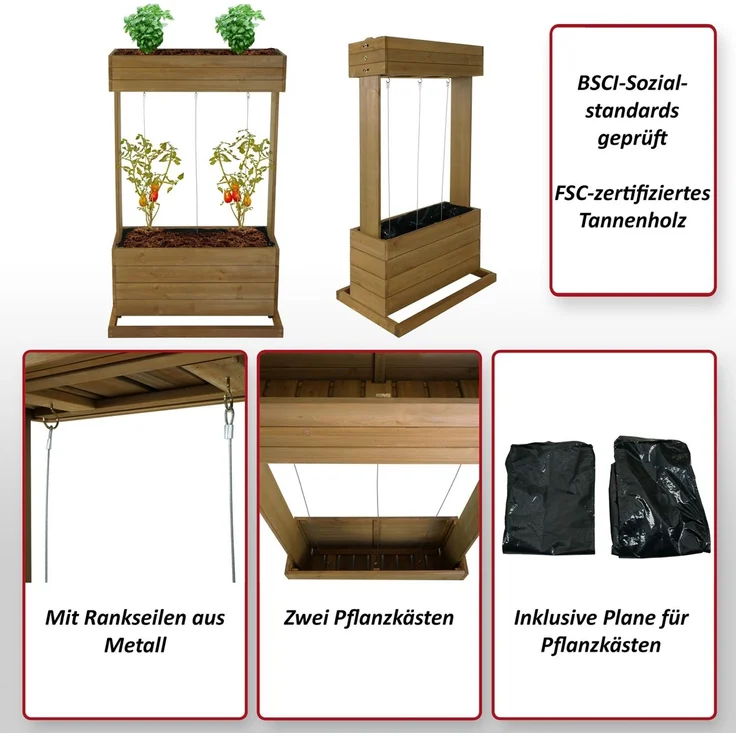 Hochbeet HWC-L72, Pflanzkasten Rankhilfe Pflanzkübel Blumenkasten, 145x85x50cm Outdoor Tanne Holz FSC®, braun – Bild 2