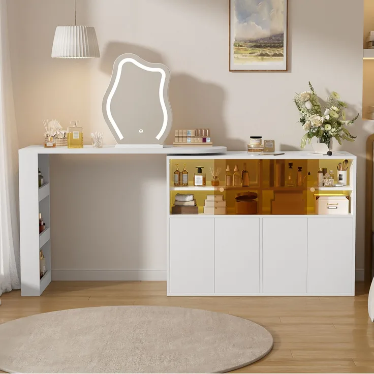 Schminktisch 177x40x131,5 cm mit drehbarer Tischplatte, LED-Spiegel und Stauraum, Weiß