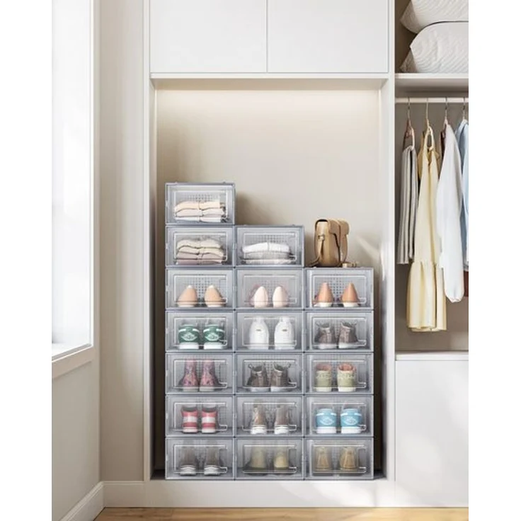 SONGMICS Schuhboxen, 18er Set, Schuh-Organizer aus Kunststoff, faltbar und stapelbar, für Schuhe bis Größe 44, transparent-grau LSPDE006G18 – Bild 2