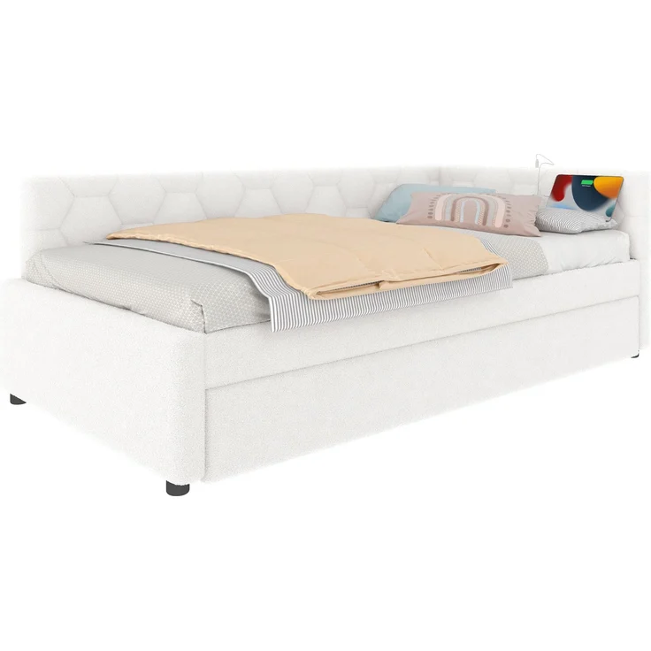 Daybett, 90*200cm Tagesbett, Schlafsofa, Bett mit Lattenrost (ohne Matratze), mit Nachttischlampe, mit multifunktionalem Ausziehbett, USB-Anschluss, Typ-C, Komfortmaterial, Boucle, Weiß – Bild 7