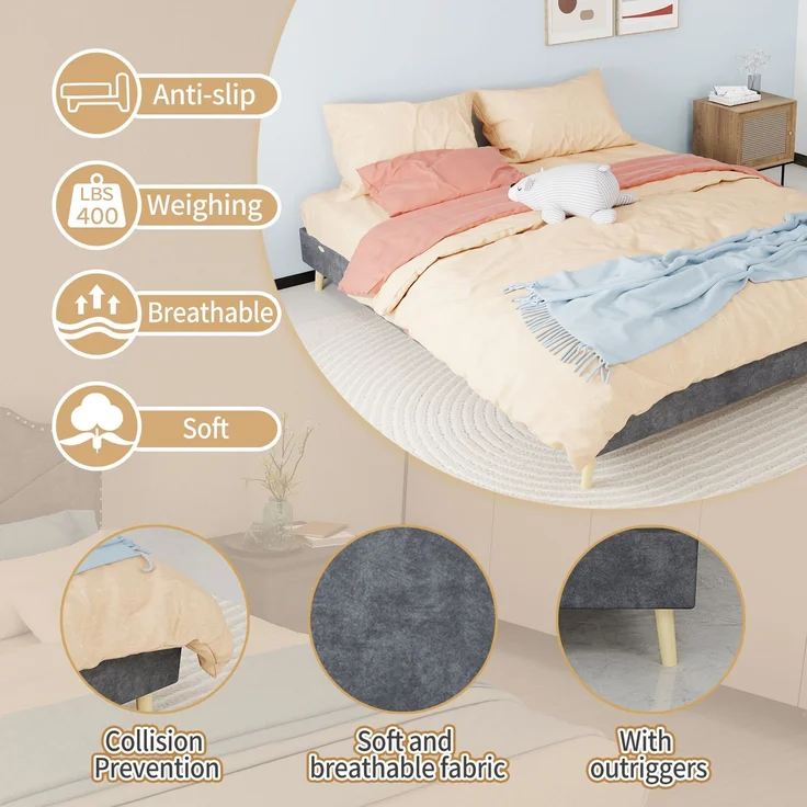Novelux Bettgestell 160x200 Samt Grau – Modernes Plattformbett ohne Kopfteil, Holzrahmen, Minimalistisches Design – Bild 3