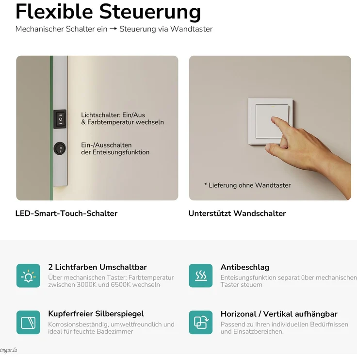 EMKE LED Badspiegel mit Beleuchtung Kaltweiß/Warmweiß Beschlagfrei 60x40cm Knopfschalter Wandspiegel – Bild 5