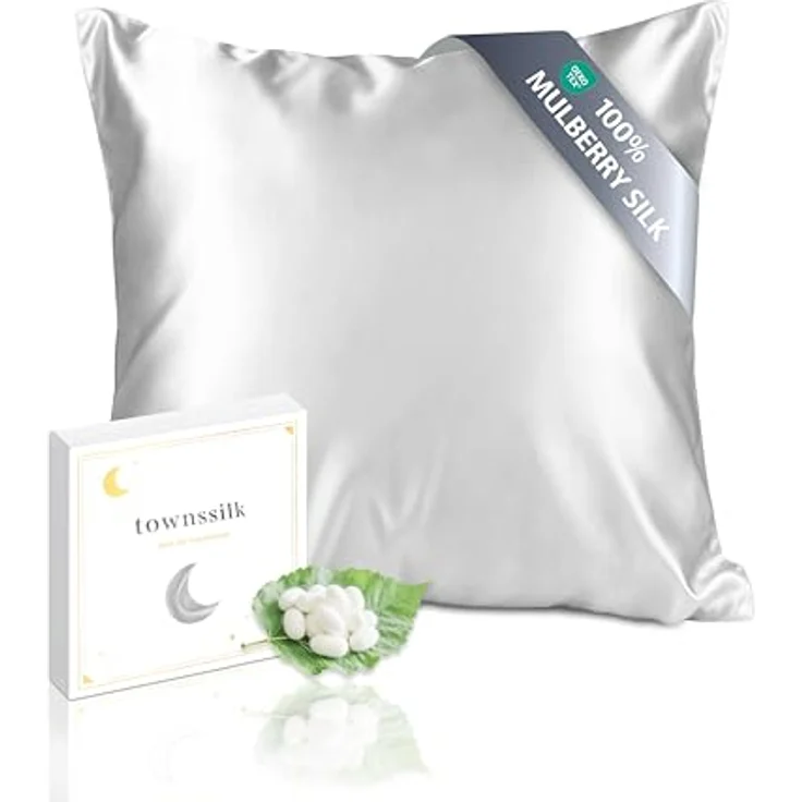 townssilk Seidenkissenbezug 40x40cm – 100% Maulbeerseide, 19mm, Oeko-TEX Zertifiziert, Hypoallergen, Silber – Bild 1