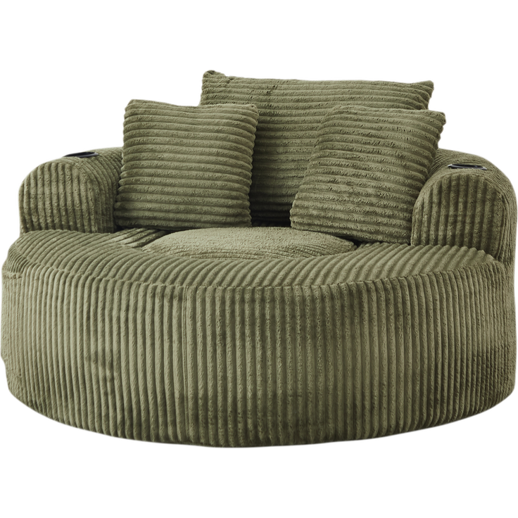 Rundes Loungesofa aus Cord, Einzelsitz Sitzsack Liegestuhl mit 3 Kissen, 2 Getränkehaltern, Seitenaufbewahrung, Rutschfest, Bequemes Relaxsofa für Wohnzimmer Schlafzimmer--Grün--146x29x32cm--YOUDENOVA – Bild 3