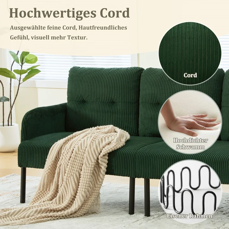 LVHOM 3-Sitzer Sofa mit Metallsockel, Polstersofa mit Seitentaschen, Loungesofa aus Cordstoff, Ergonomisches Stoffsofa, 171x72x80cm – Bild 4