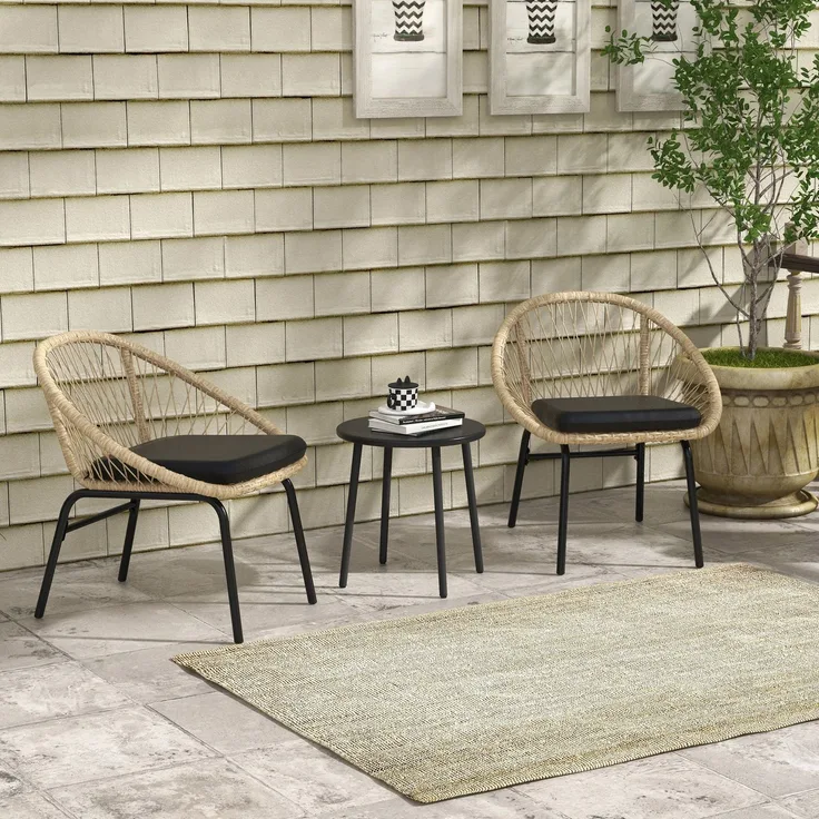 Flieks Gartenmöbel Set 3-tlg mit 2 Stühlen, Couchtisch & Kissen, Outdoor Balkonmöbel Set für 2 Personen, Rattan, Hellbraun