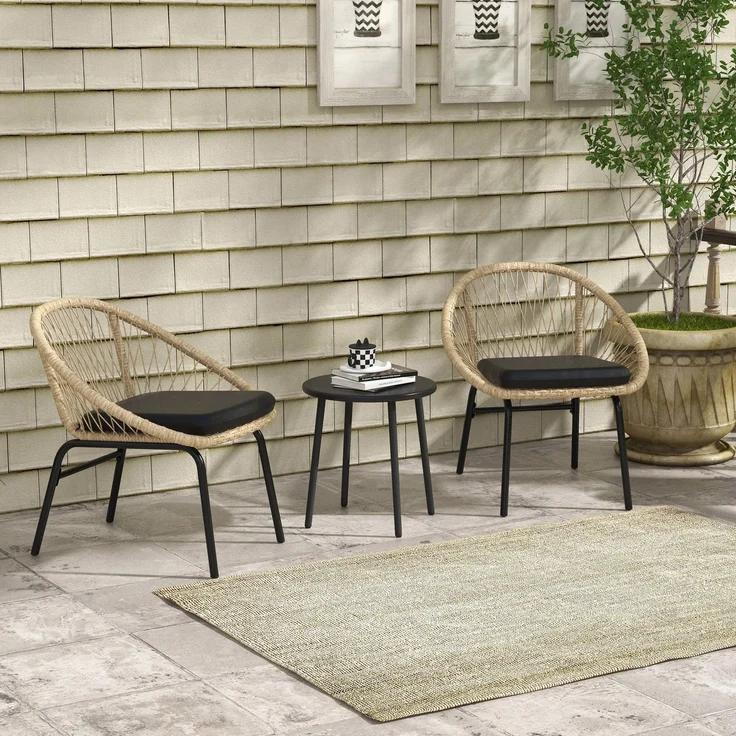 Flieks Gartenmöbel Set 3-tlg mit 2 Stühlen, Couchtisch & Kissen, Outdoor Balkonmöbel Set für 2 Personen, Rattan, Hellbraun – Bild 1