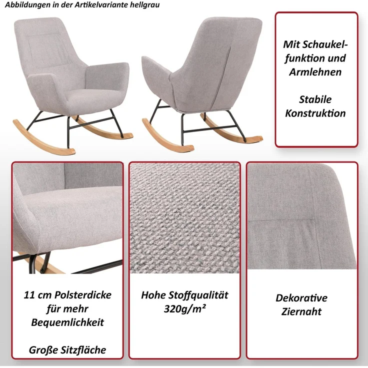 Schaukelstuhl HWC-N13, Schwingstuhl Relaxsessel Fernsehsessel, Massiv-Holz Metall Stoff/Textil 320g/m² ~ hellgrau – Bild 2